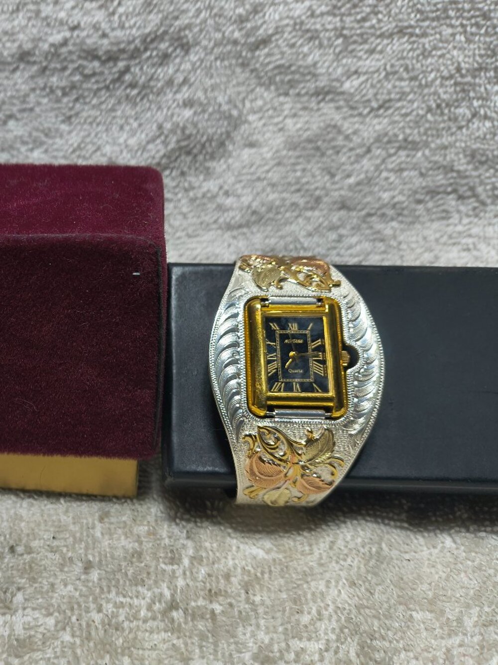 Montana Silversmiths Cuff Watch Gold Rose Gold Flowers New Bat Clear +Box Mint